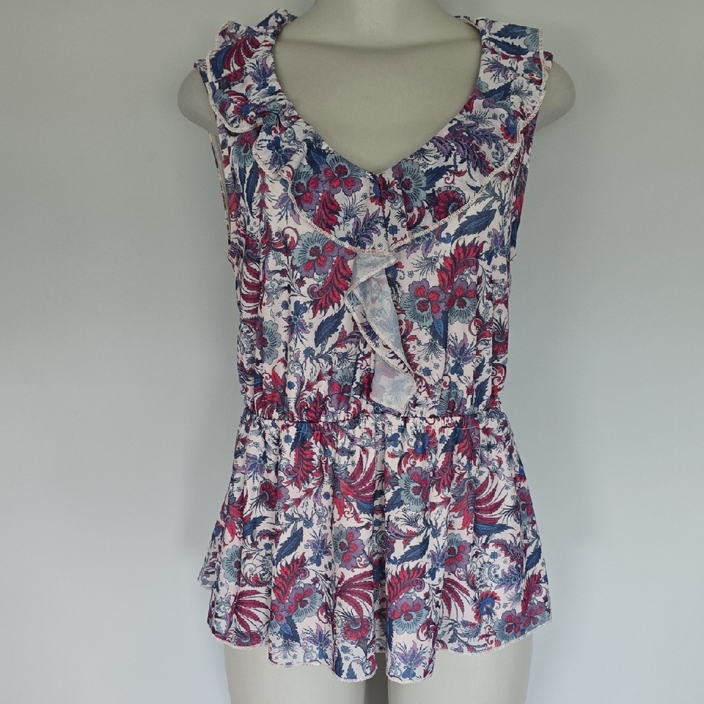 Morgan Taylor cream/red/blue floral mesh peplum top-M